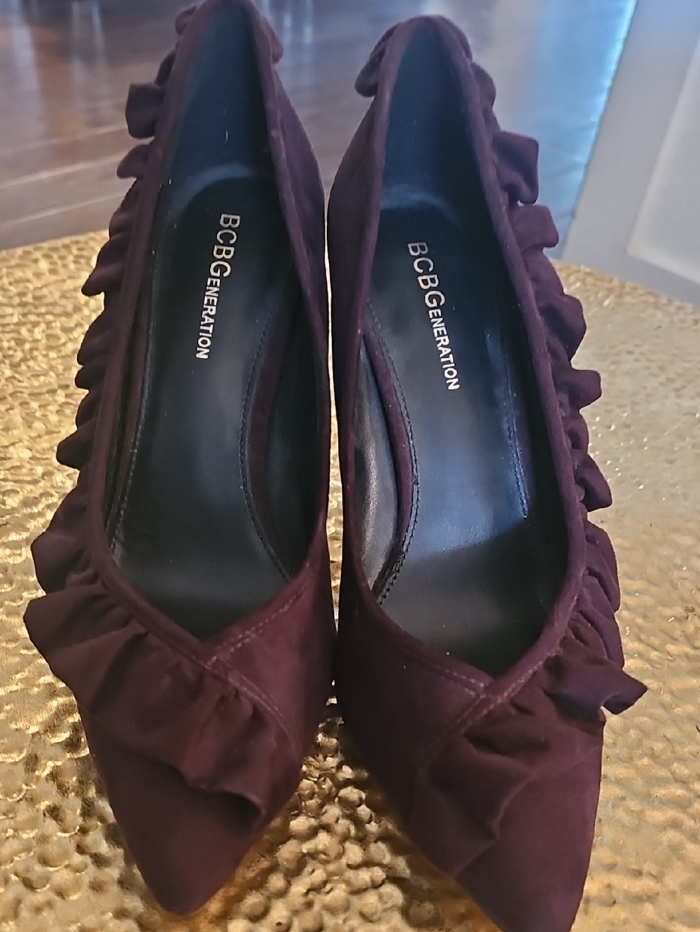 BCBGeneration Plum Ruffle Pointed-Toe Pumps
